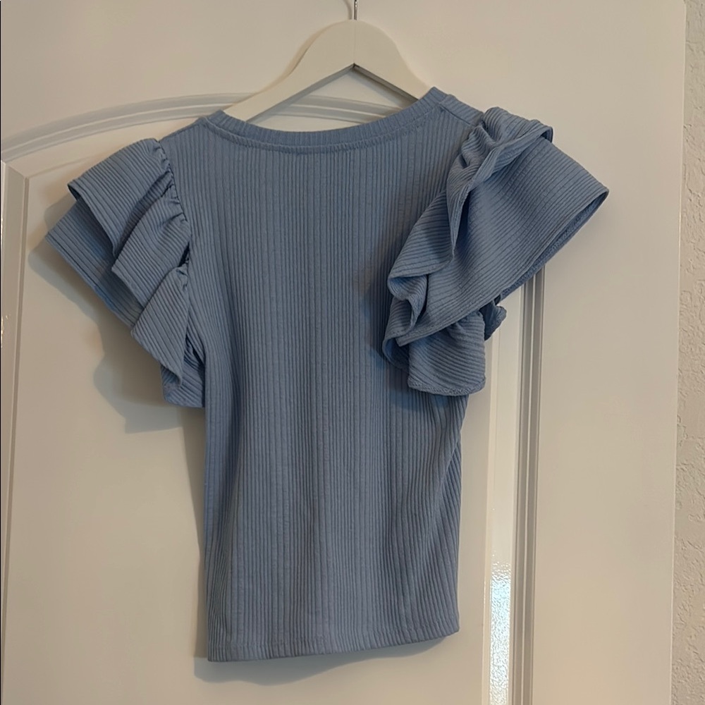 Zara Blue Flutter Sleeve Ribbed Blouse